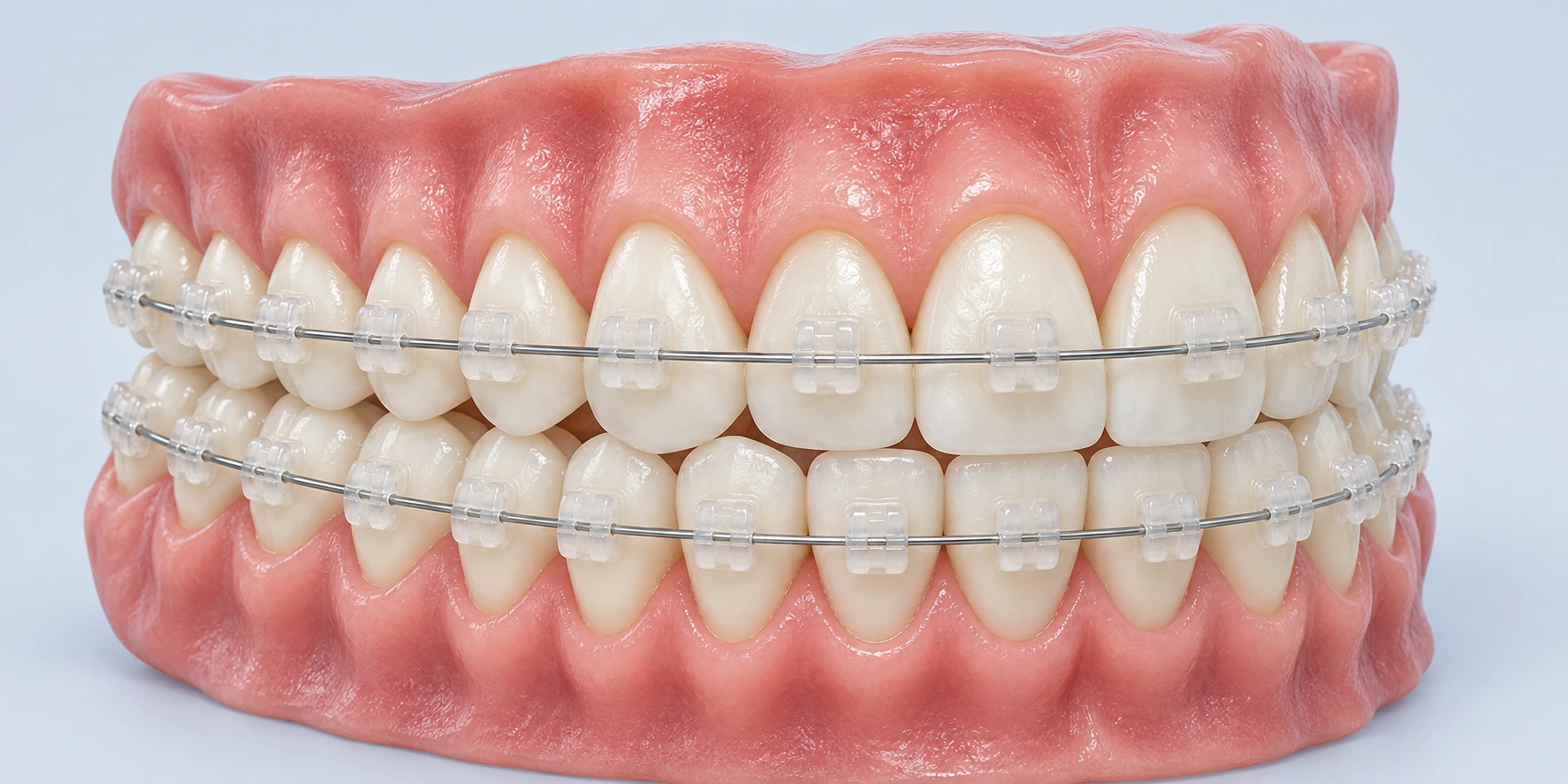 Render 3D en vista tres cuartos de ambas arcadas con brackets cerámicos