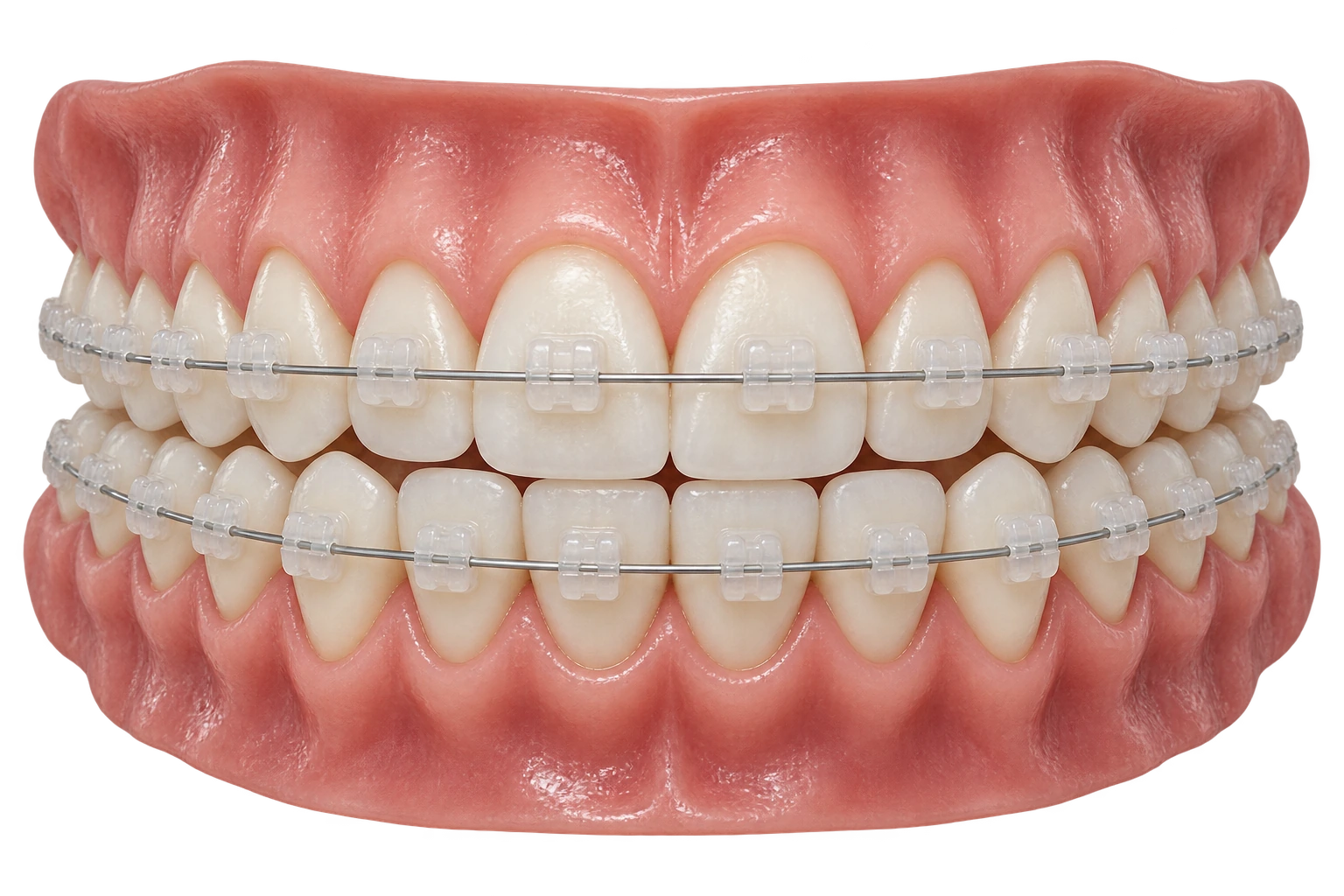 Render 3D de una dentadura completa con brackets estéticos
