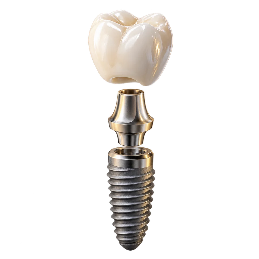Render 3D de los componentes de un implante dental