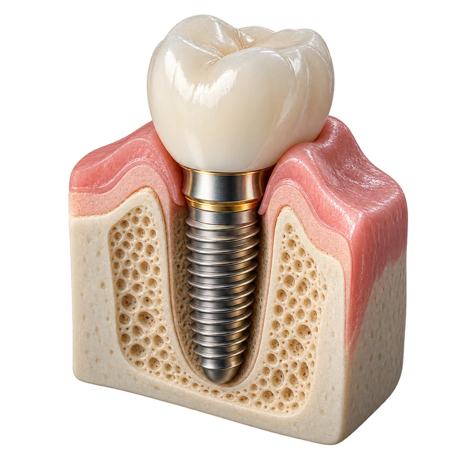 Render 3D de un implante dental instalado en hueso y encía