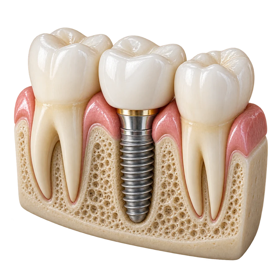 Render 3D de un implante integrado entre dientes naturales