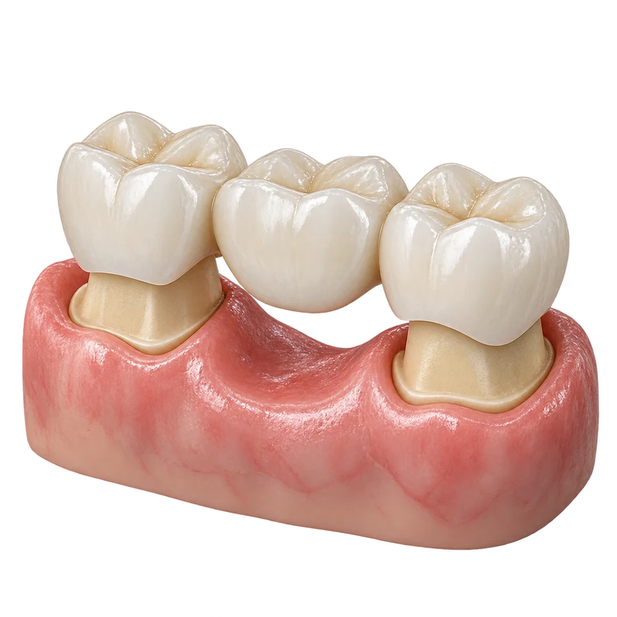 Render 3D de un puente dental cerámico