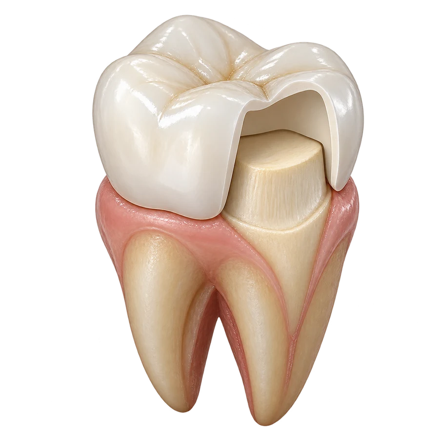 Render 3D en corte de una corona dental sobre un molar preparado