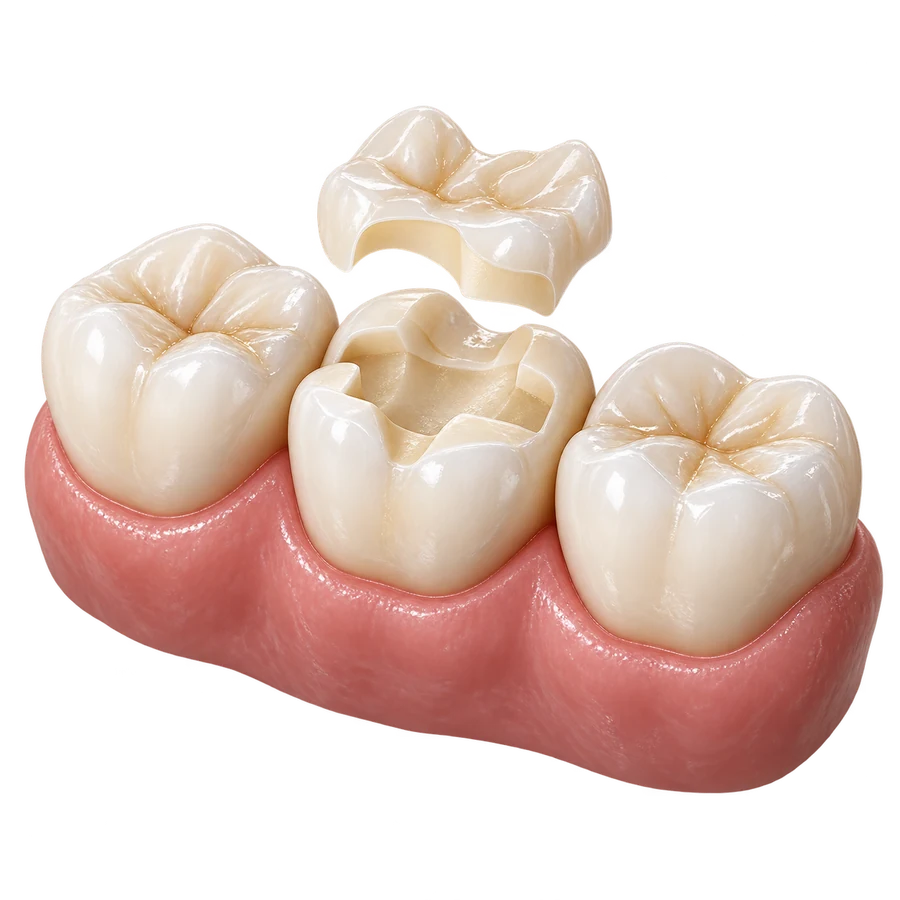Render 3D de una incrustación cerámica sobre un molar