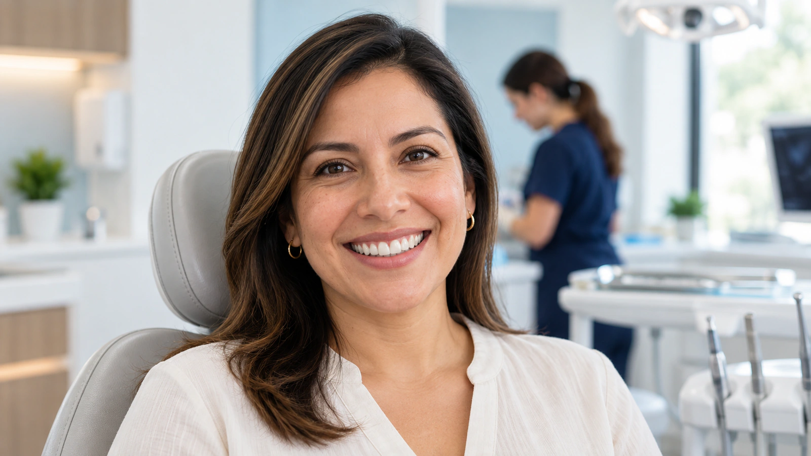 Paciente sonriendo durante una atención dental integral