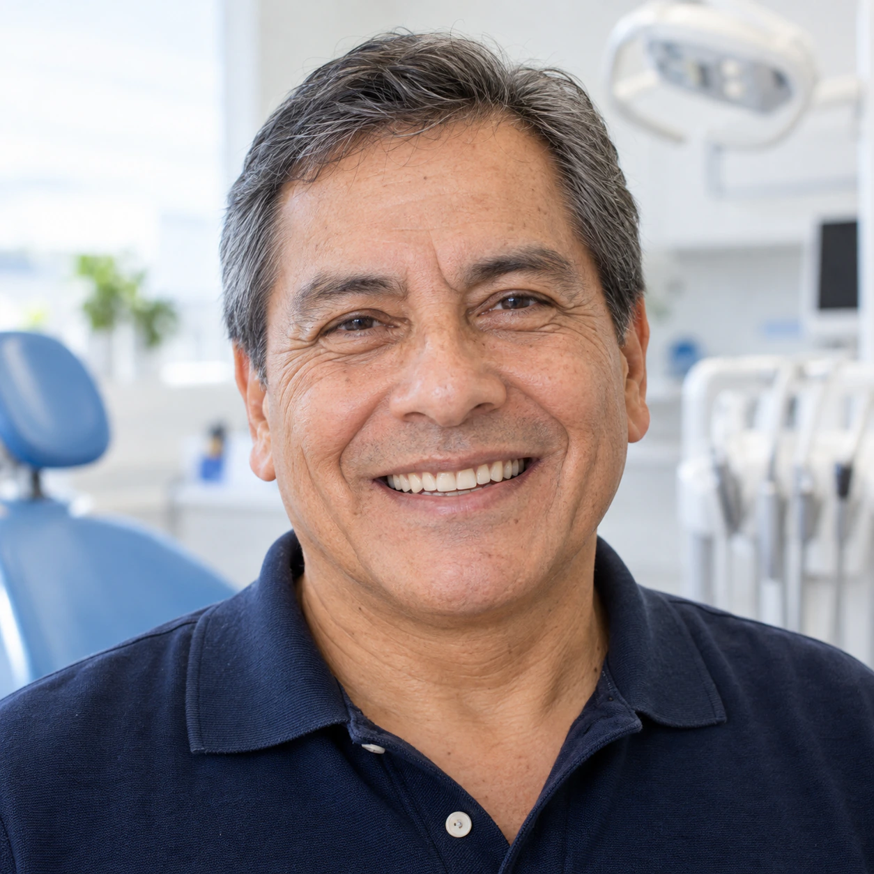 Paciente adulto sonriendo en primer plano durante una evaluación odontológica