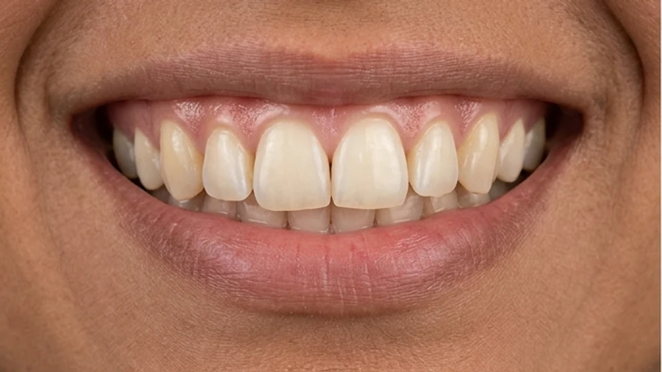 Visualización referencial de una sonrisa con tono cálido y bordes dentales ligeramente irregulares