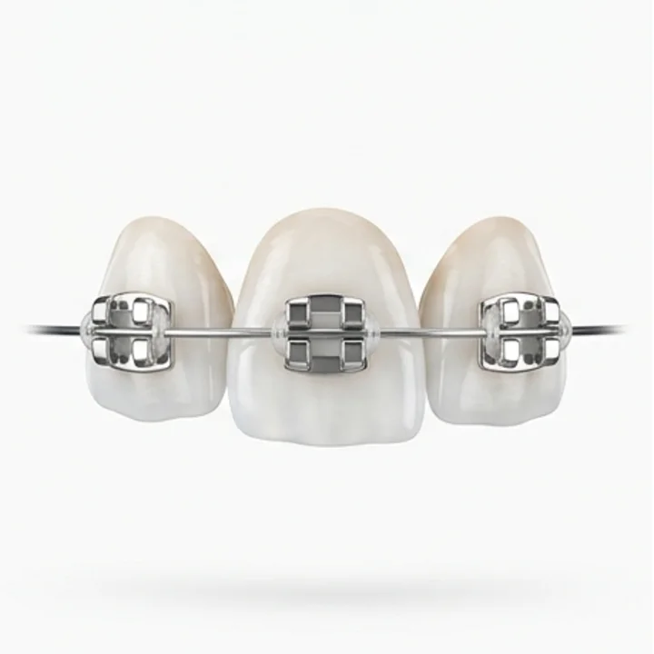 Render 3D de brackets metálicos sobre dientes anteriores
