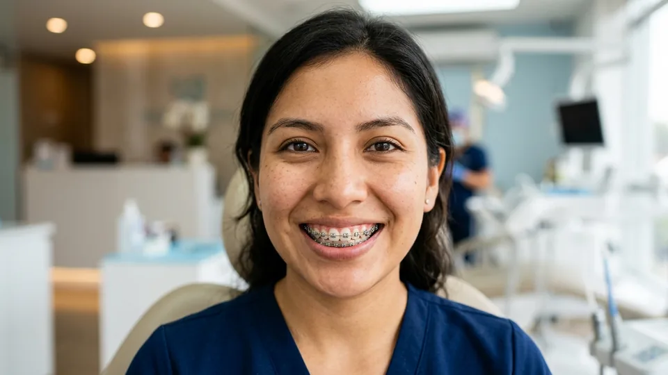 Paciente sonriendo y mostrando sus brackets metálicos