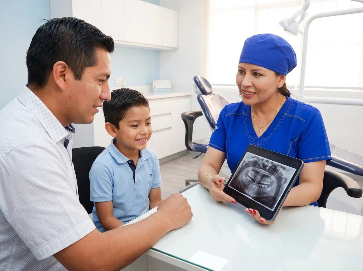Doctora de NOVAODENT explicando una radiografía dental a un padre y su hijo