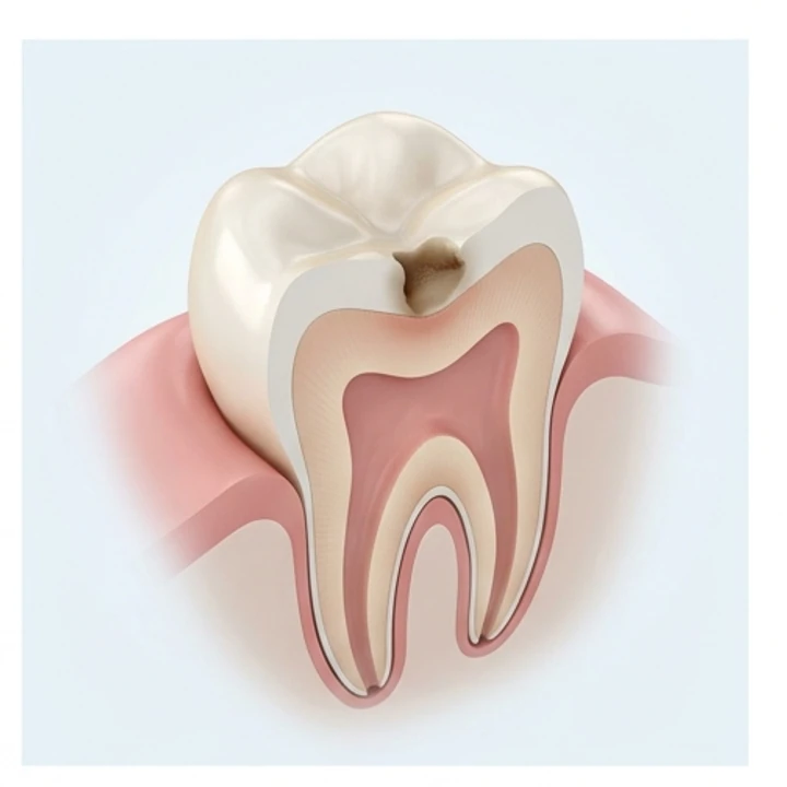 Corte anatómico de un molar mostrando la profundidad de una lesión de caries